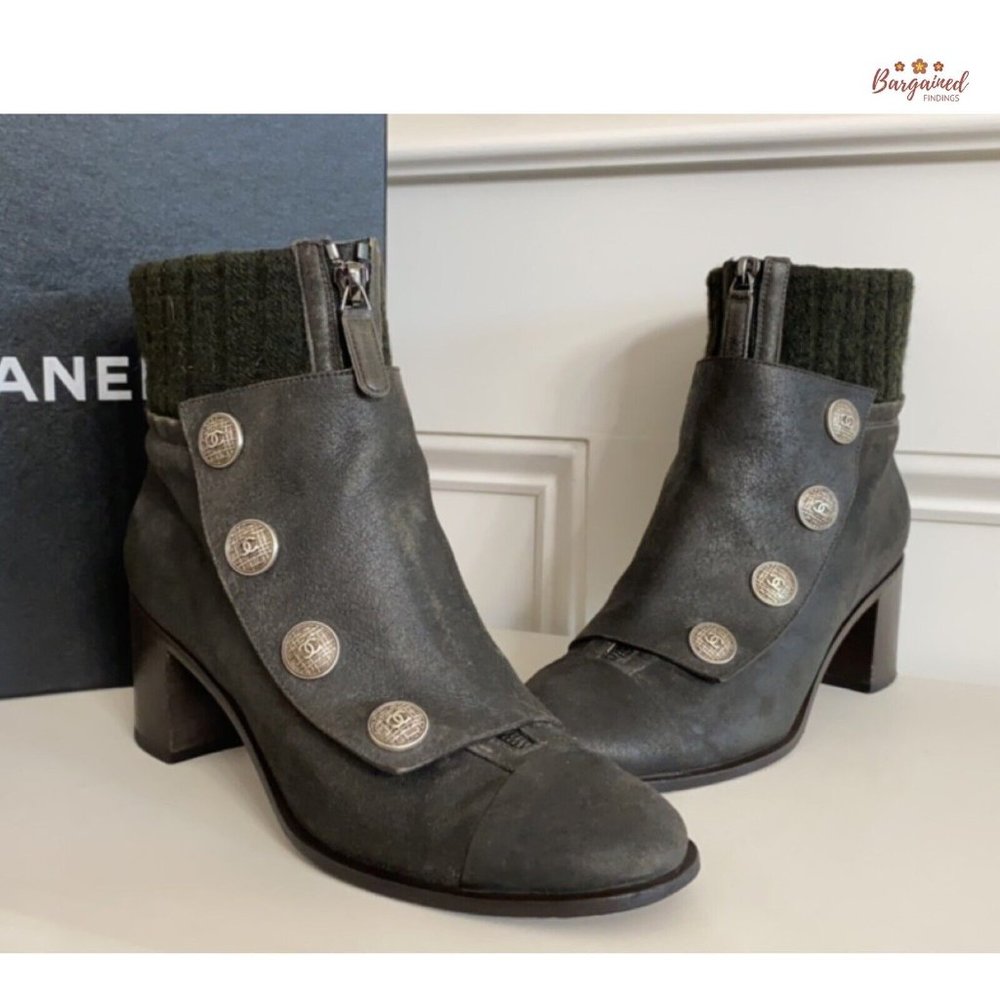 Authentic CHANEL Charcoal Distressed Leather Tweed CC Buttons Ankle Boots 10.5 - Picture 3 of 15